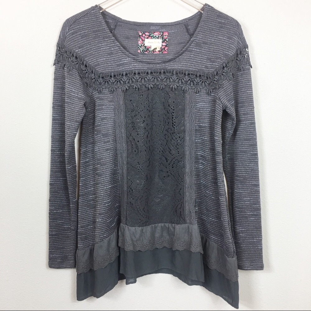 Anthropologie | Grey Lace & Crochet Boho Top